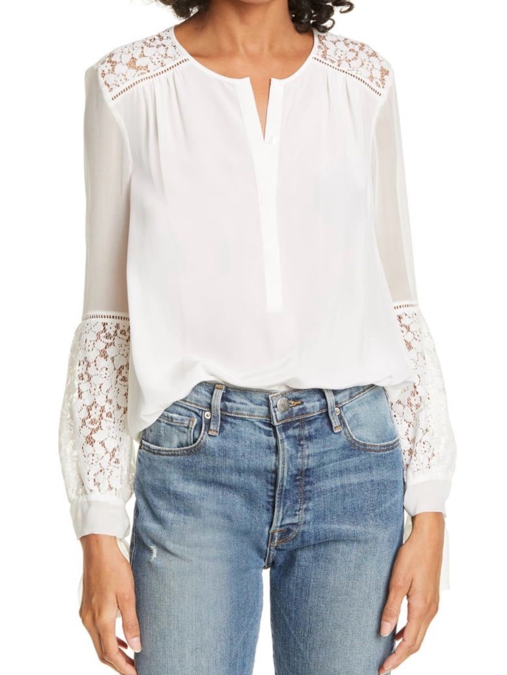 Rebecca Taylor White Lace-Accent Peasant Blouse